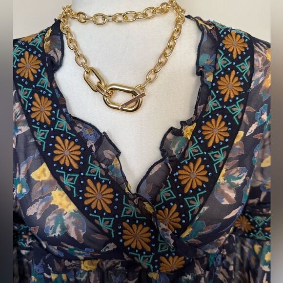 Meadow Rue Strasser Embroidered Peasant Blouse Small Blue Anthropologie XXS - Picture 5 of 13